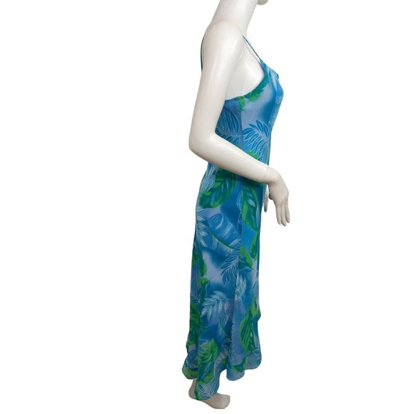 Women’s MIDI Dress 8 Spaghetti Straps High Low Ruffled Hem Blue Green Palm Trees - Picture 5 of 14